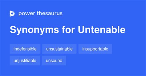 Find 612 synonyms for untenable, an adjective meaning<strong> not able to be maintained or defended against attack</strong> or objection, or so bad as to be<strong> unable</strong> to be forgiven or. . Untenable synonym
